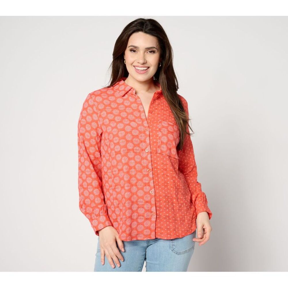 Liberare Women's Top Sz S Mixed Print Boyfriend Shirt Orange A647301
